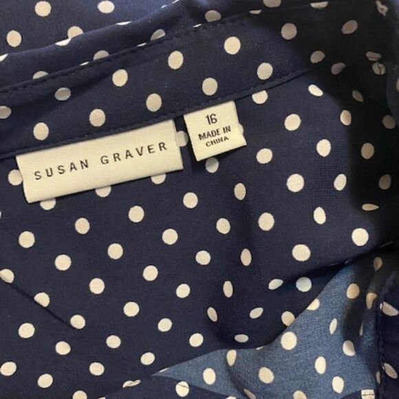 Susan Graver Blue/White Polka Dot Button down Tie waist blouse, size 16 - Picture 4 of 4